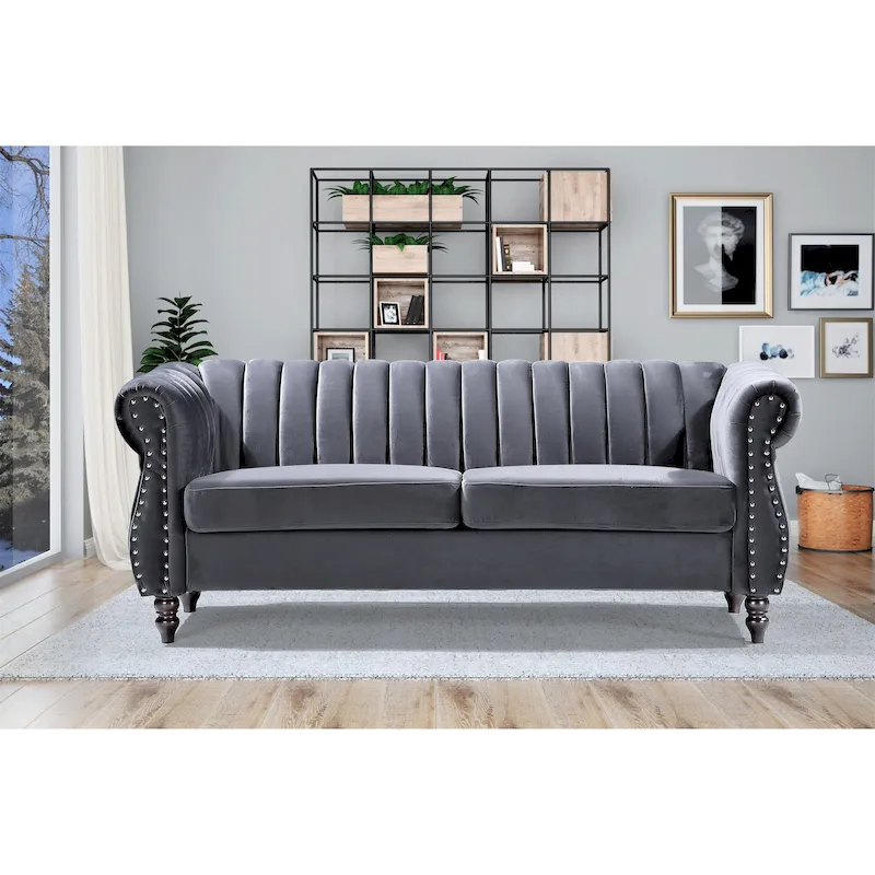 Velvet Chesterfield Rolled Arm Sofa