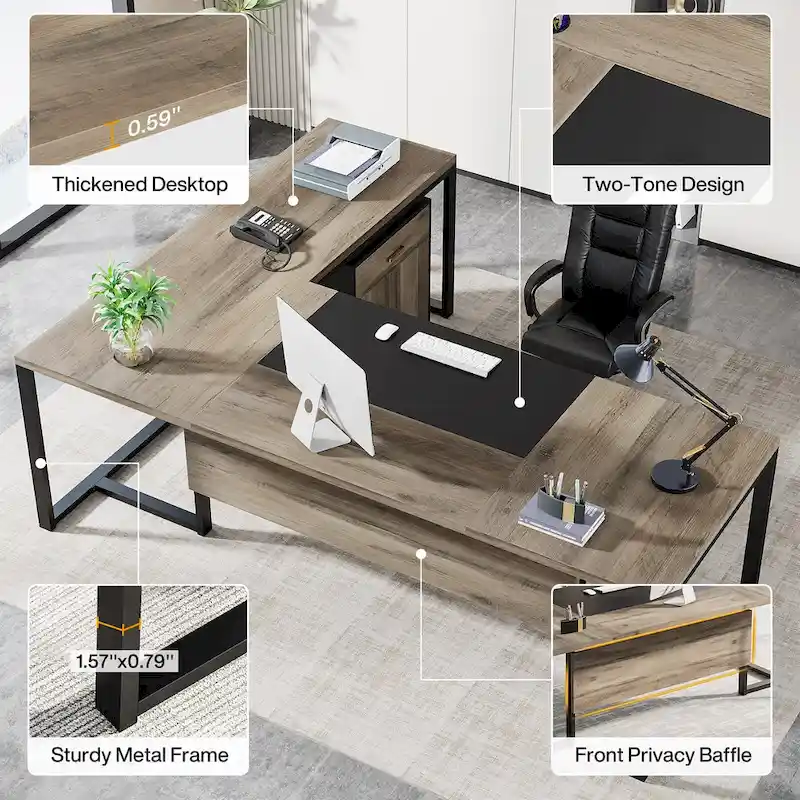 70.8 Inch Executive Desk with File Cabinet Large L Shaped Office Executive Desk Computer Desk