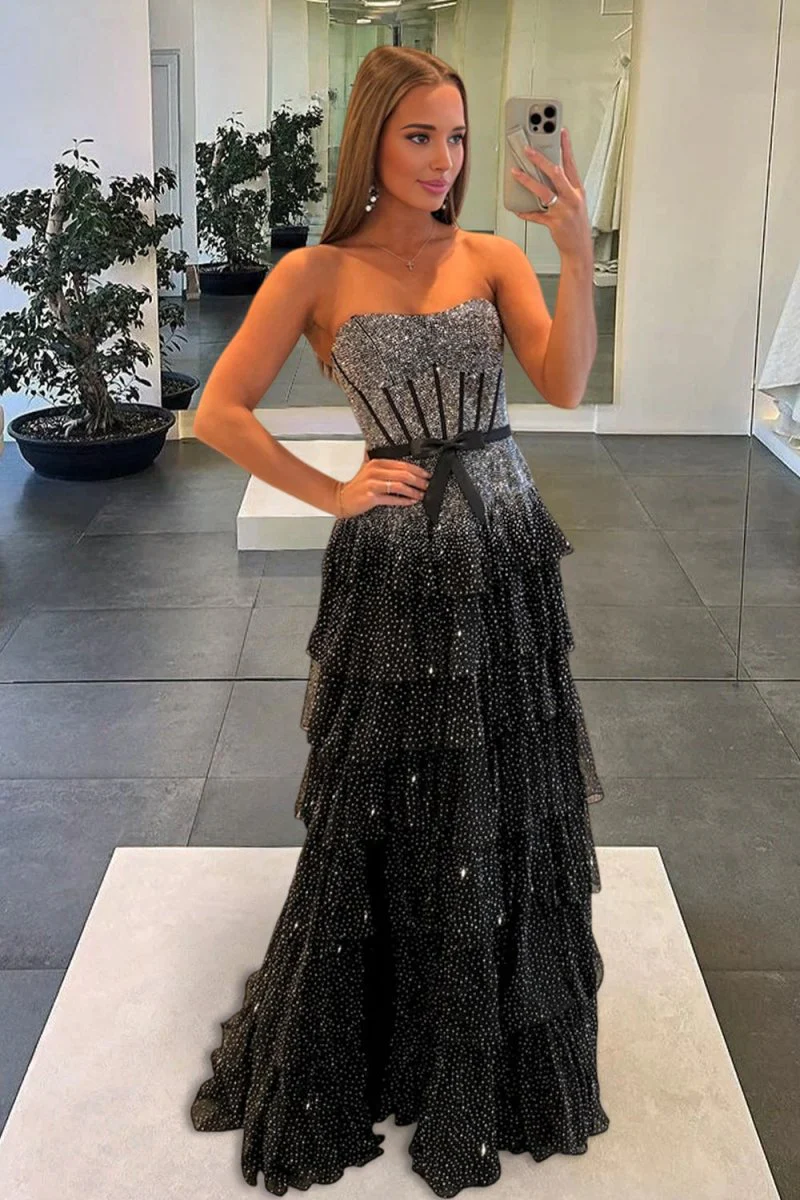 Black-White Strapless A Line Tulle Ruffled Formal Prom Dresses With Beading