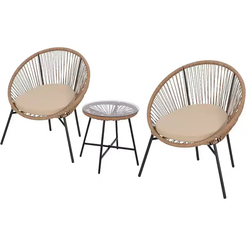 3-Piece Rattan Outdoor Bistro Set with Seat Cushions, 2 Chairs & Glass Coffee Table, Modern Wicker Lounge Furniture for Patio, Balcony, Brown