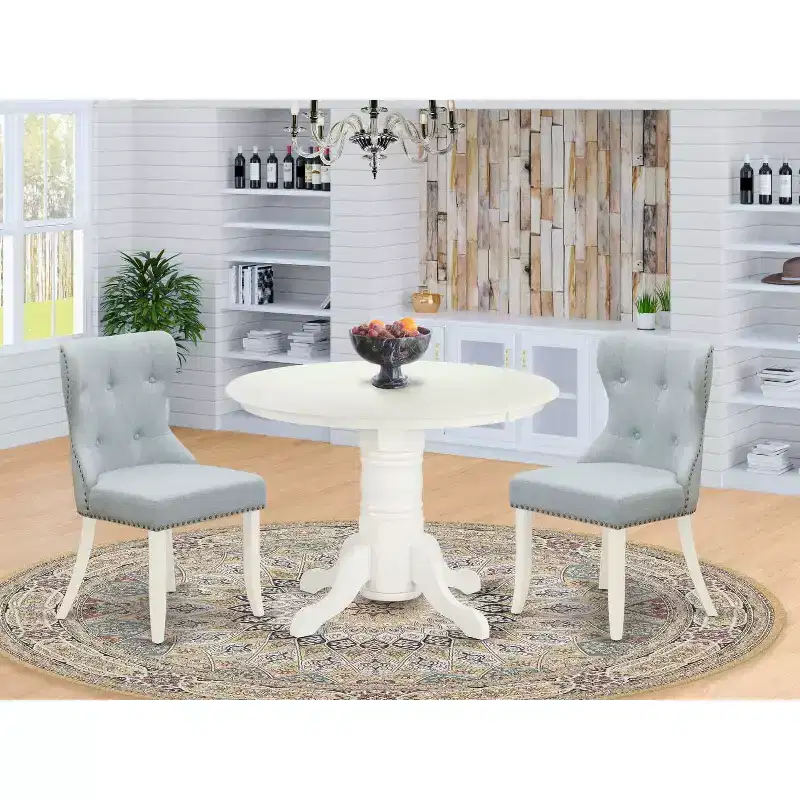 3-Piece Linen White Solid Wood Top-Dining Room Set-Seats 4
