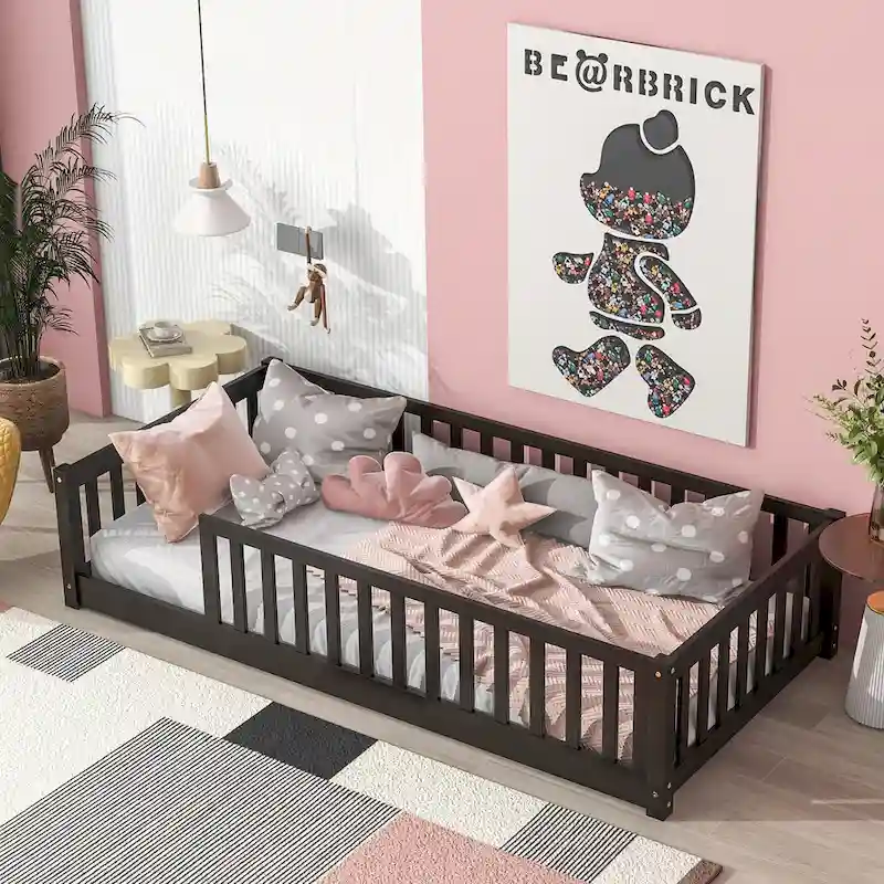 Grey / Natural / White / Espresso Twin Floor Platform Bed with Fence, Single