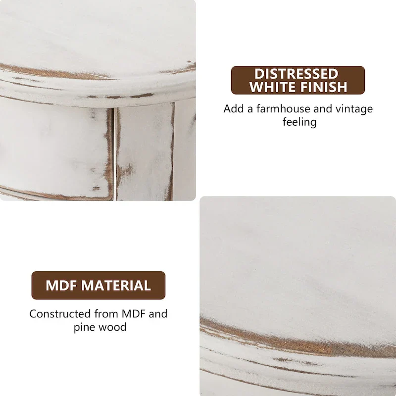White Distressed Round Tall End Table with Drawer