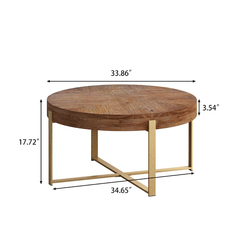 Natural Wood Round Coffee Table with Metal Cross Legs