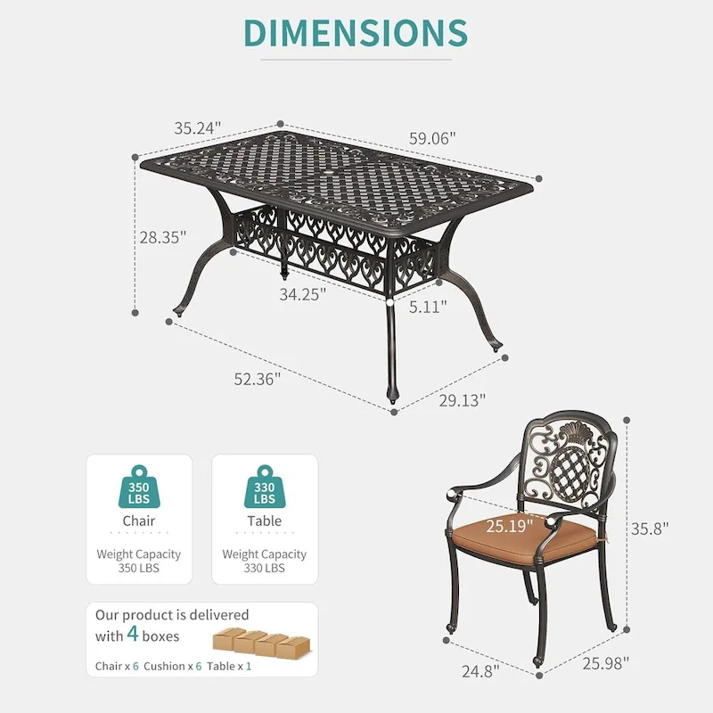 7 Piece Patio Furniture Dining Set, All-Weather Cast Aluminum Outdoor Table and Chairs for 6