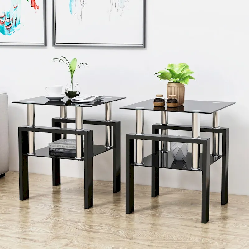 Set of 2 Tempered Glass Side Tables with Metal Legs, Square, Black
