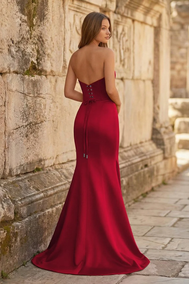 Red Mermaid Strapless Satin Long Prom Dresses With Slit