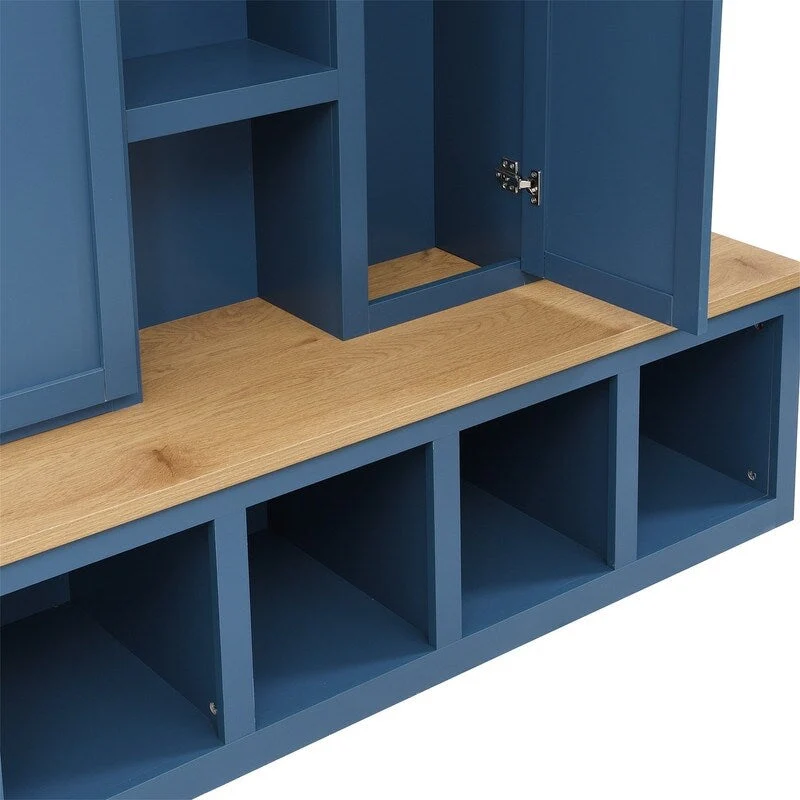 Farmhouse 4-in-1 Hall Tree with Open Display Shelves, Mudroom Shoe Bench with Open Compartments, Entryway Coat Rack with 6 Hooks