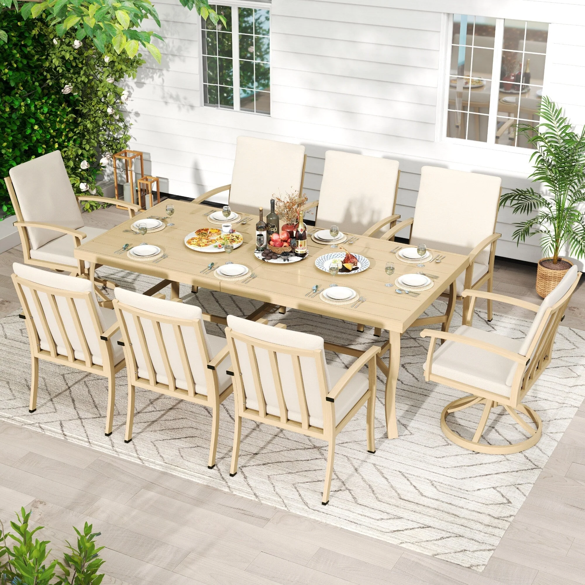 EGEIROS LIFE AluLux 9-Piece Aluminum Patio Dining Set with 2 Swivel Dining Chairs, 6 Dining Chairs and Washable Cushions