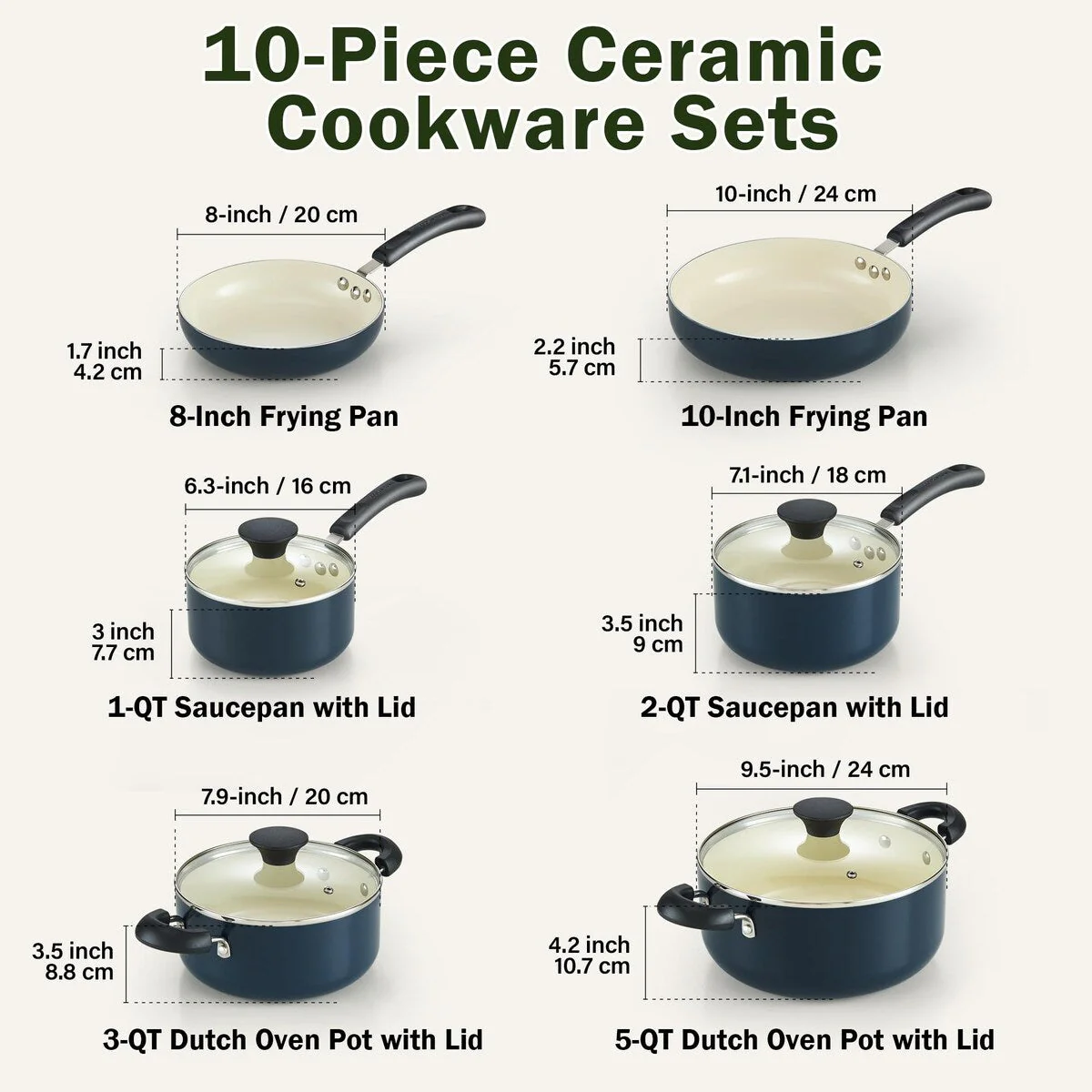 Pots and Pans Set Nonstick, 10-Piece Ceramic Kitchen Cookware Sets, Nonstick Cooking Set with Saucepans