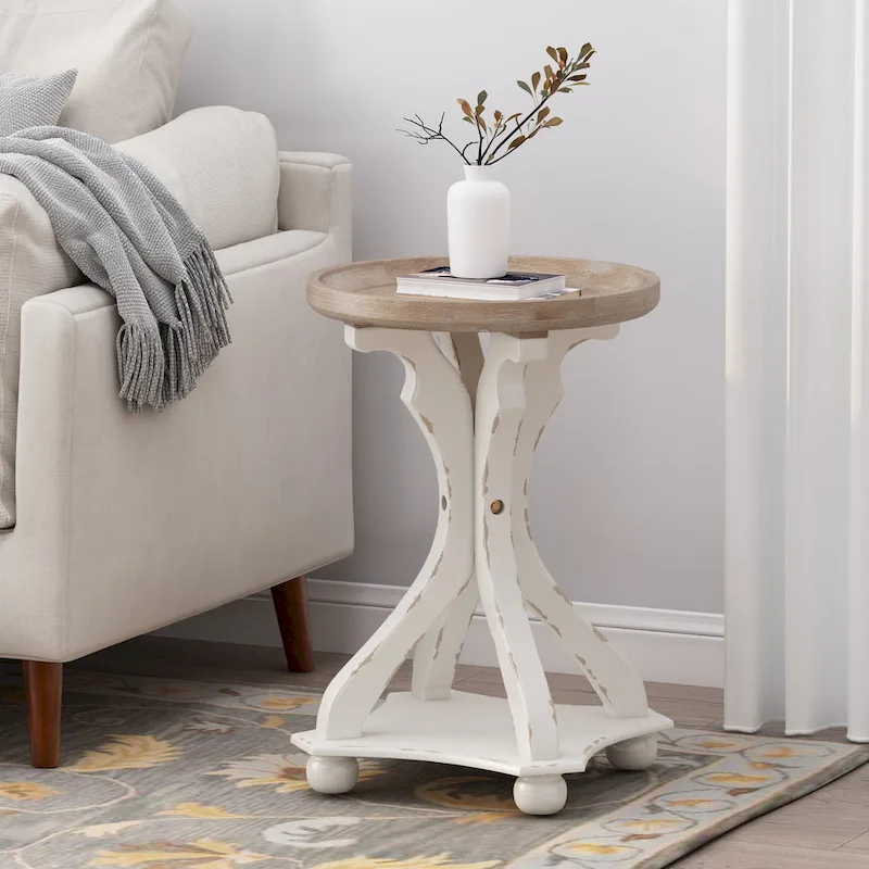 Natural & Distressed White French Country Round Accent Side Table, 1-Person