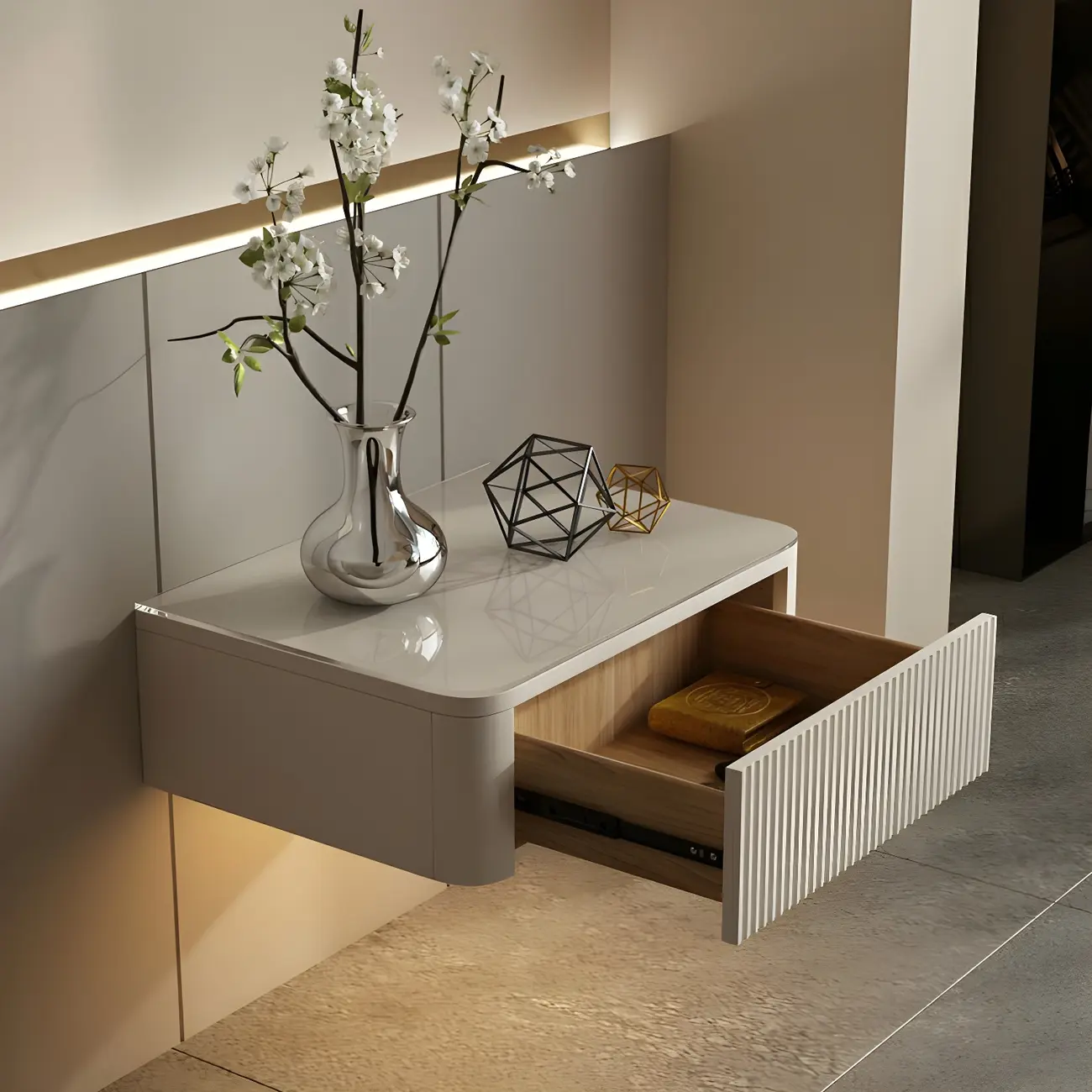 Modern Grey Wood Floating Nightstand with Glass Top