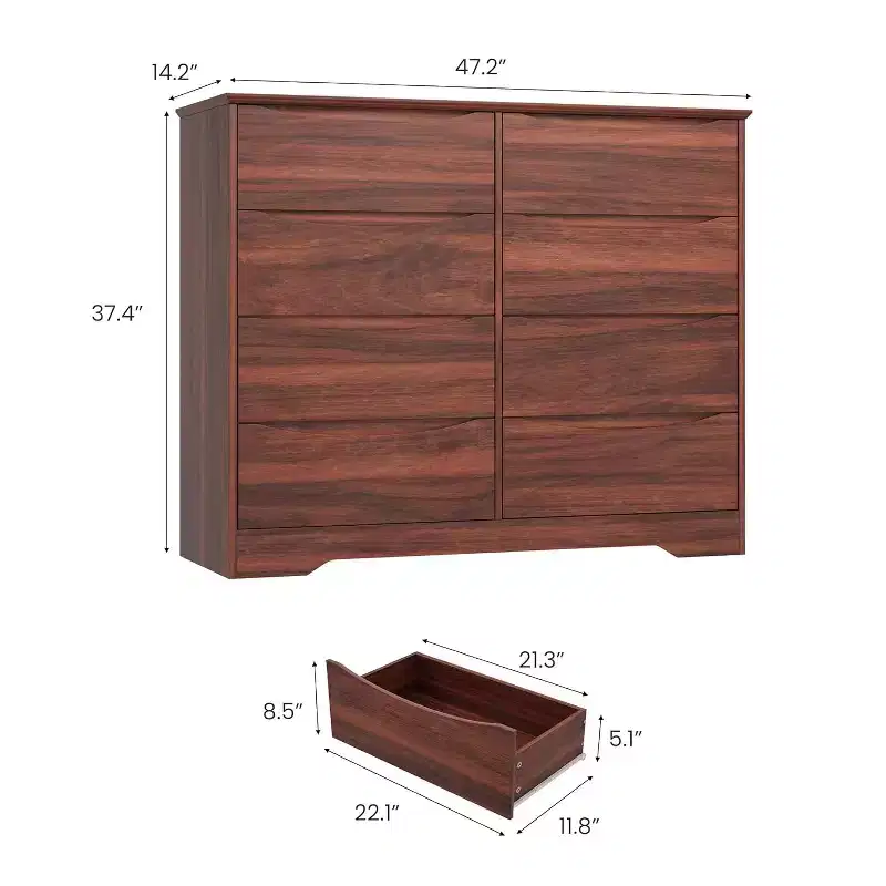 Wooden Dresser with 8 Drawers, Modern Closet with Deep Storage, Large Chest of Drawers with Wide Top, Long Storage Dresser for Bedroom, Living Room