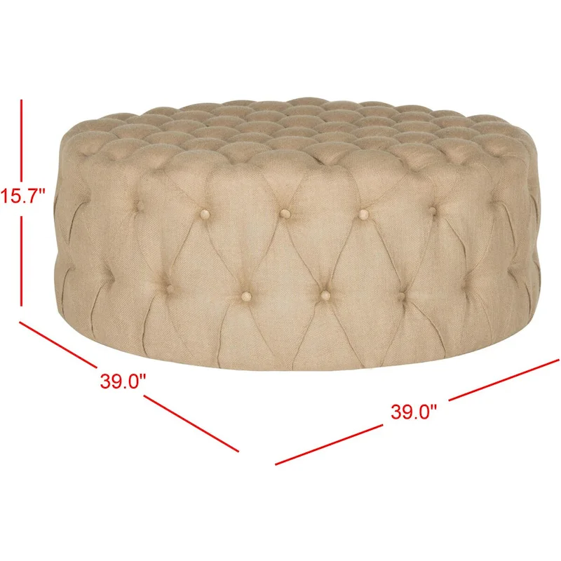 Round Button-Tufted Linen Ottoman – Mushroom / Grey / Antique Gold / Wheat / Bordeaux / Navy / Taupe, Single