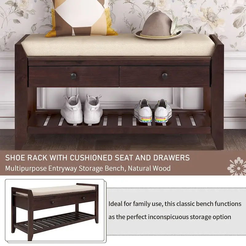 TREXM Shoe Rack with Cushioned Seat and Drawers