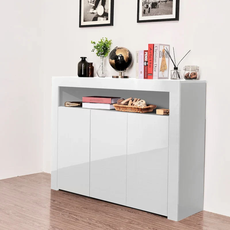 White/White+Gray/Black High Gloss Sideboard Storage Cabinet with 3 Doors, Open Cubby & LED Lights (16 Colors, Remote Control)