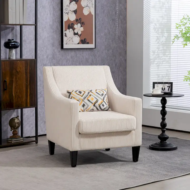 Beige Upholstered Accent Arm Chair with Scooped Arms and Rubber Wood Legs