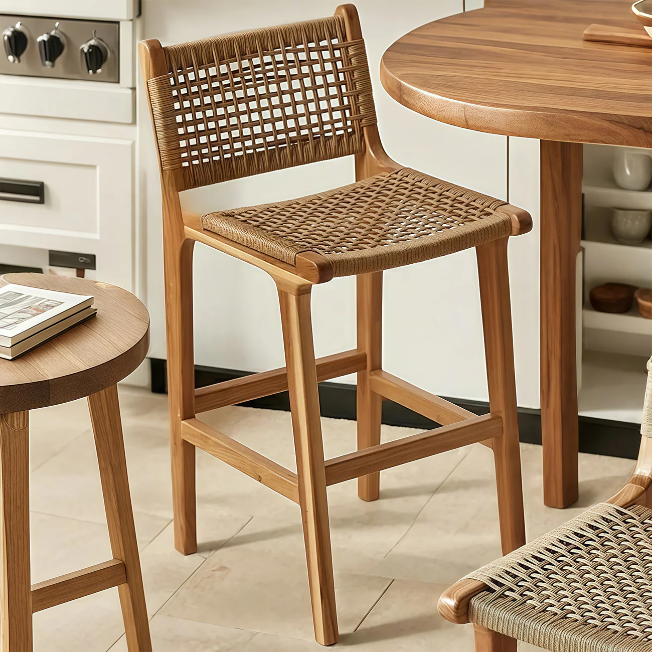 Scandinavian Wooden Ratten Bar Stool