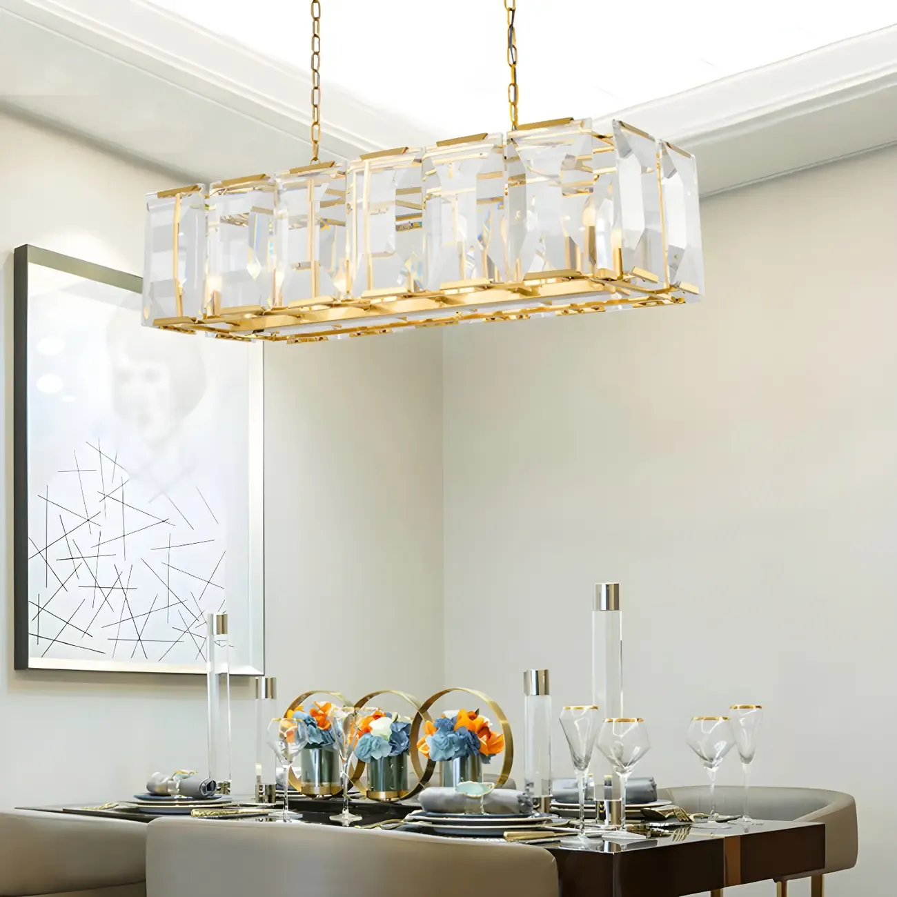 Modern Crystal Island Chandelier in Black and Gold