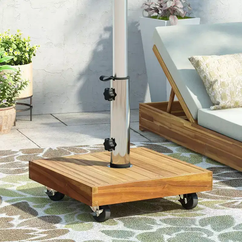 GDFStudio Bucy Outdoor 44 lb Acacia Wood Square Umbrella Base with Stainless Steel Tube, Teak