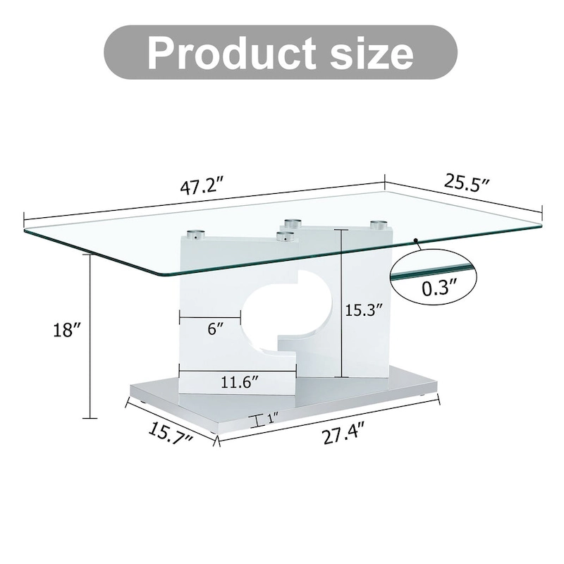 A rectangular modern and fashionable coffee table with tempered glass tabletop and white MDF legs