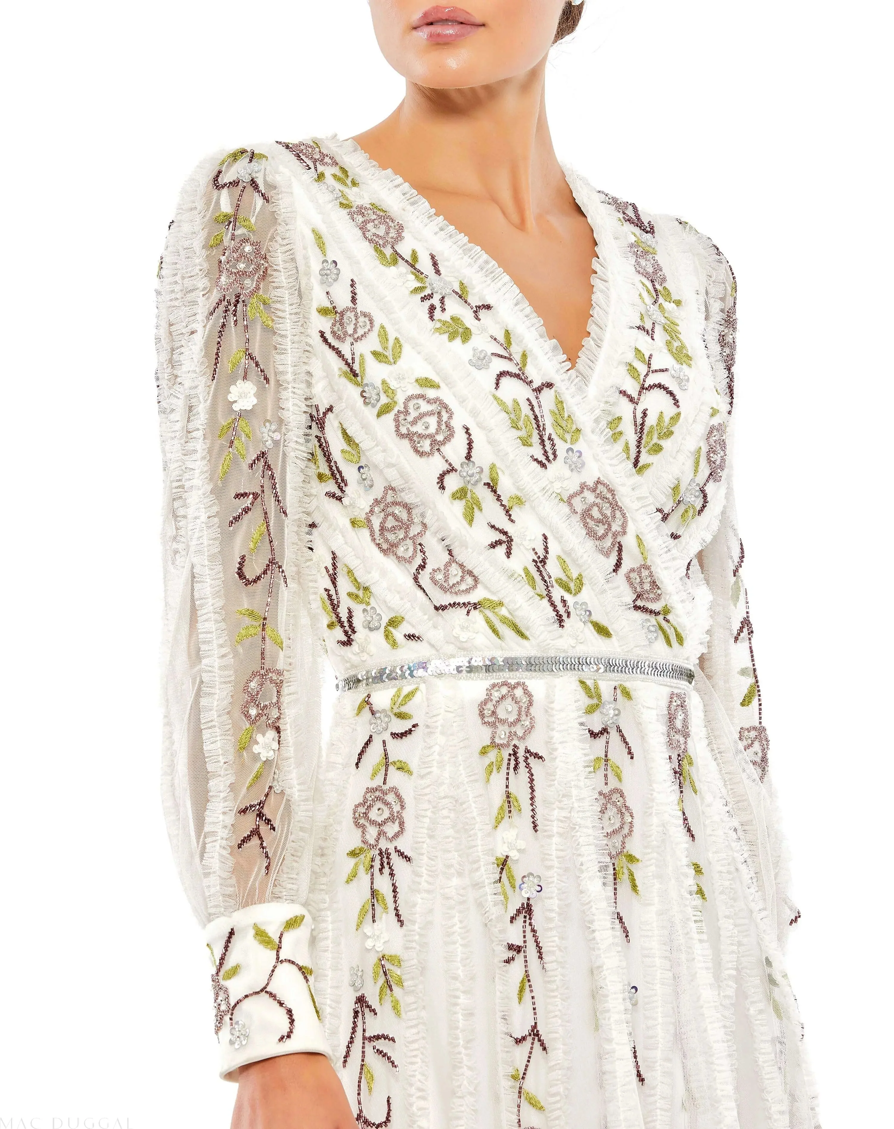 White Long Sleeve Embroidered Wrap Midi Dress
