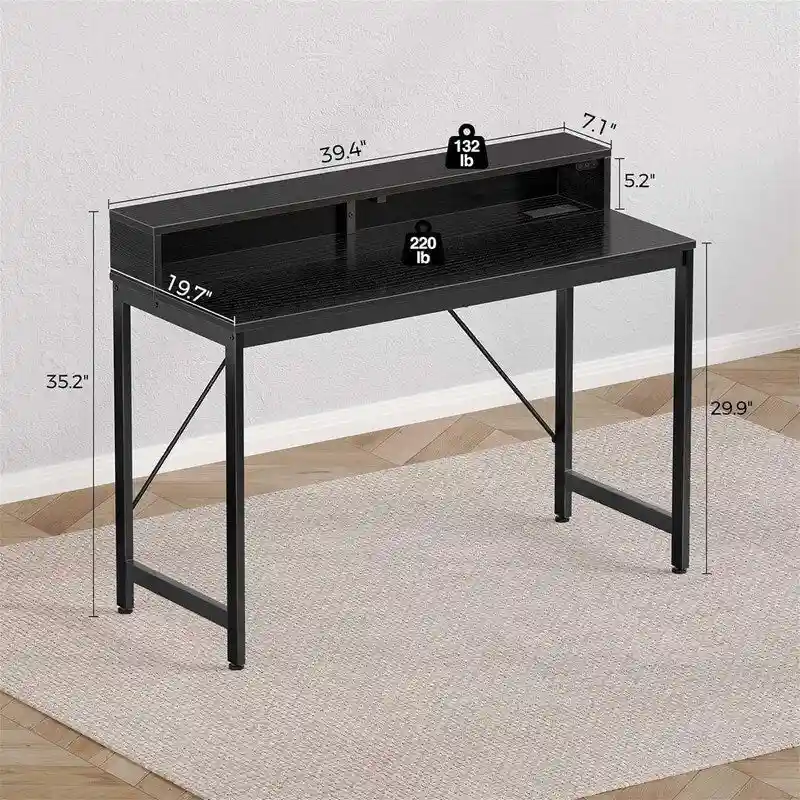 39-Inch Computer Desk with LED Lights and Built-In Power Strip