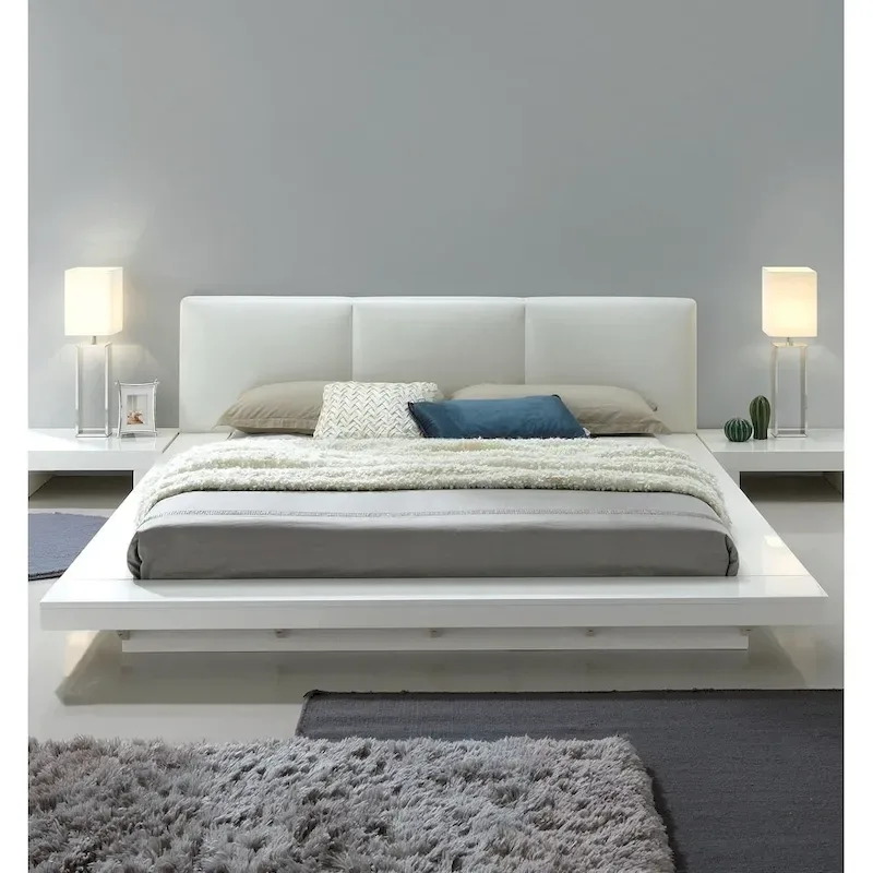 White Faux Leather Low Profile Platform Bed – Queen / King / Cal King