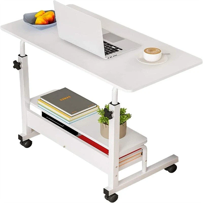 White Mobile Computer Desk with Storage Shelves & Locking Wheels – Single