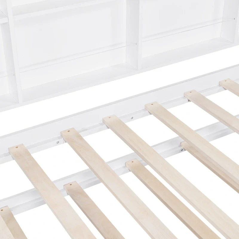White Pinewood Kids House Platform Bed with Trundle, Shelf, and Roof