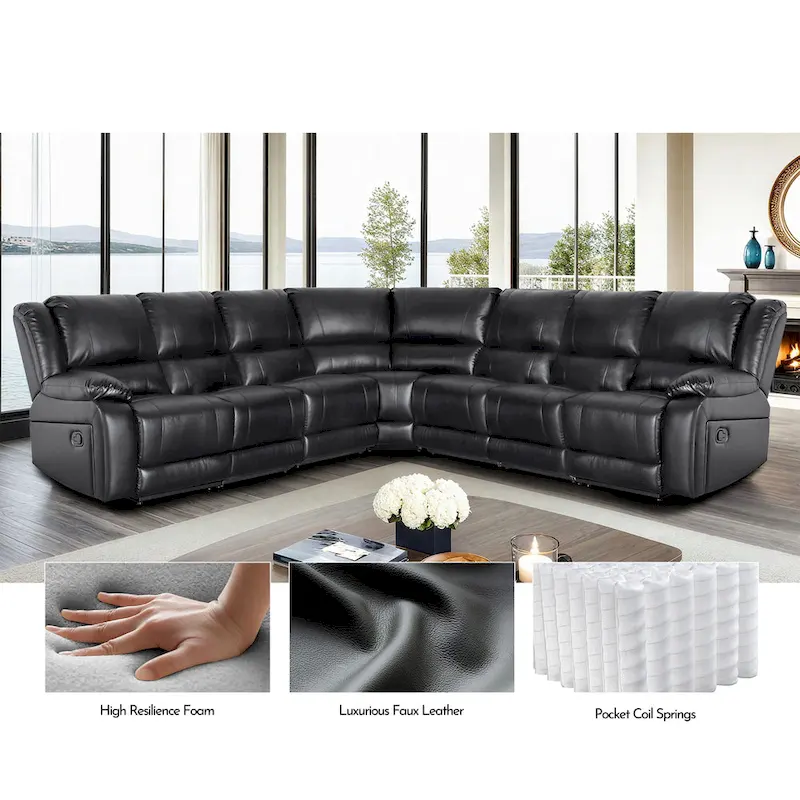 129 W 7-Seat Faux Leather Manual Recliner Large Sectional Reclining Sofa
