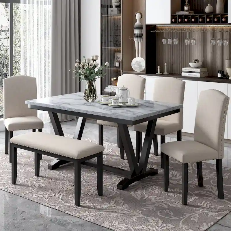 Marbled Veneers Tabletop Dining Table with Chairs and Bench