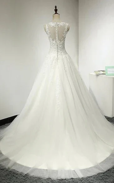 A-Line Tulle Bridal Gown Weddig Dress With Lace Bodice and Dropped Waist