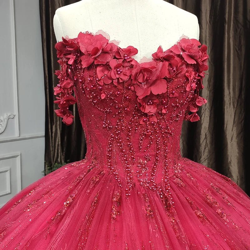Quinceanera Dress Exquisite Red Pearls Sleeveless 3D Appliques Party Dresses