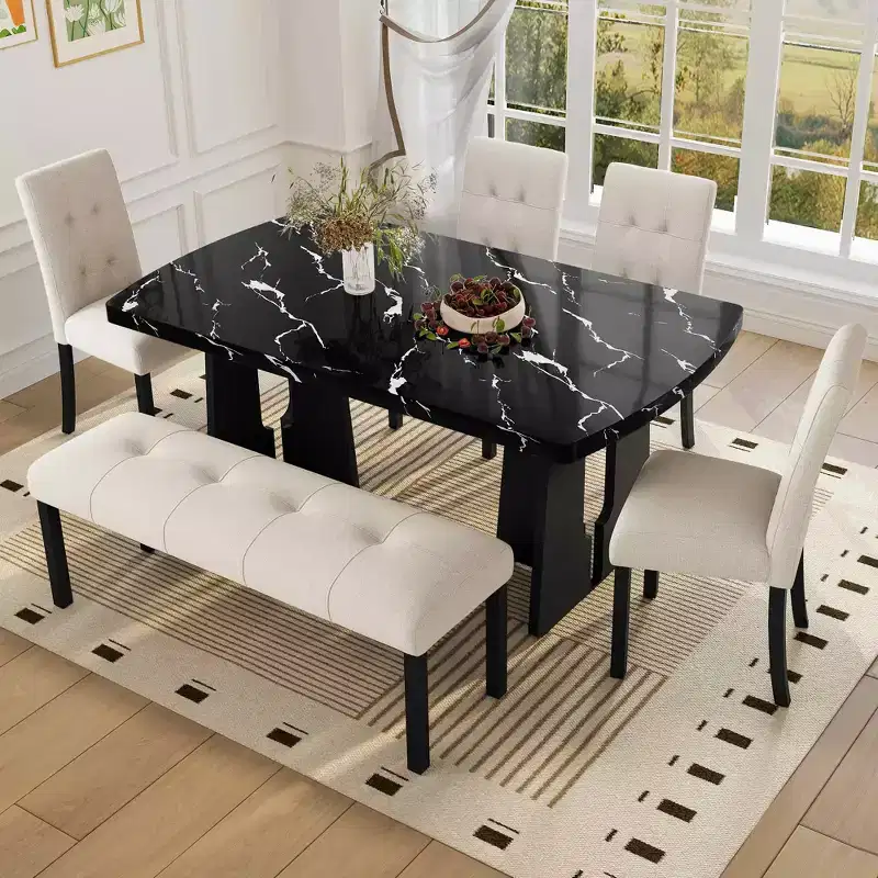 MAYEERTY 6-Piece Modern Dining Set, 63 Faux Marble Table, 4 Chairs & Bench