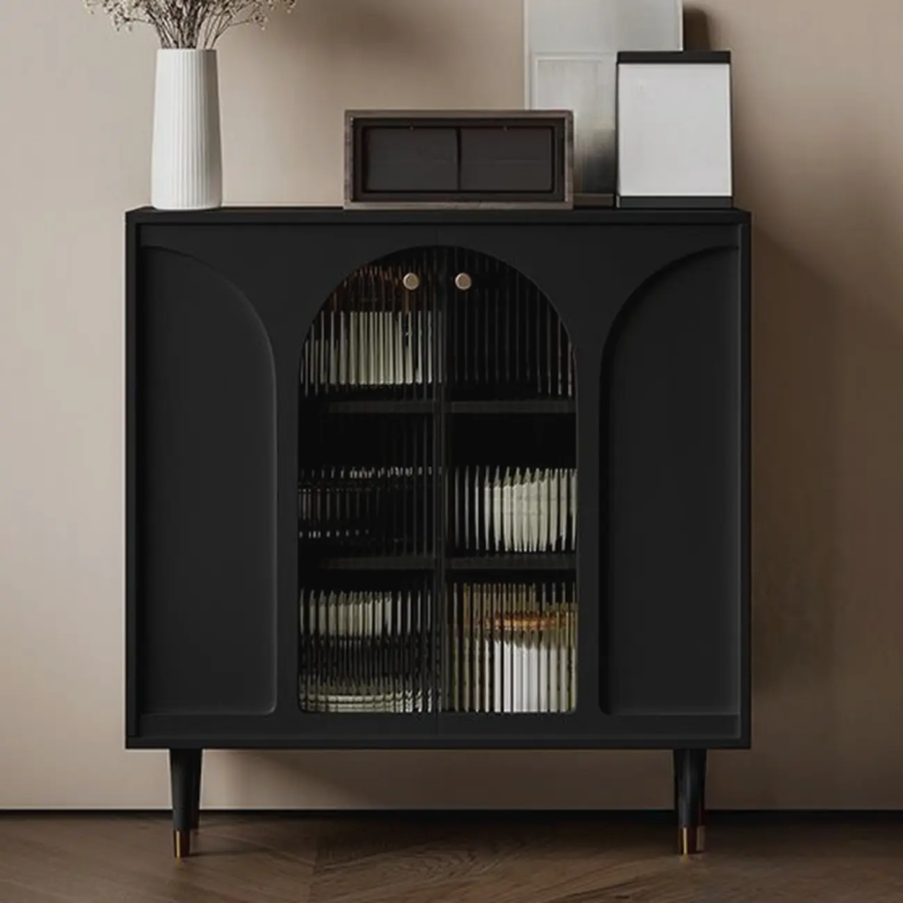 Narrow Glass Wooden White Black Sideboard Cabinet with Doors