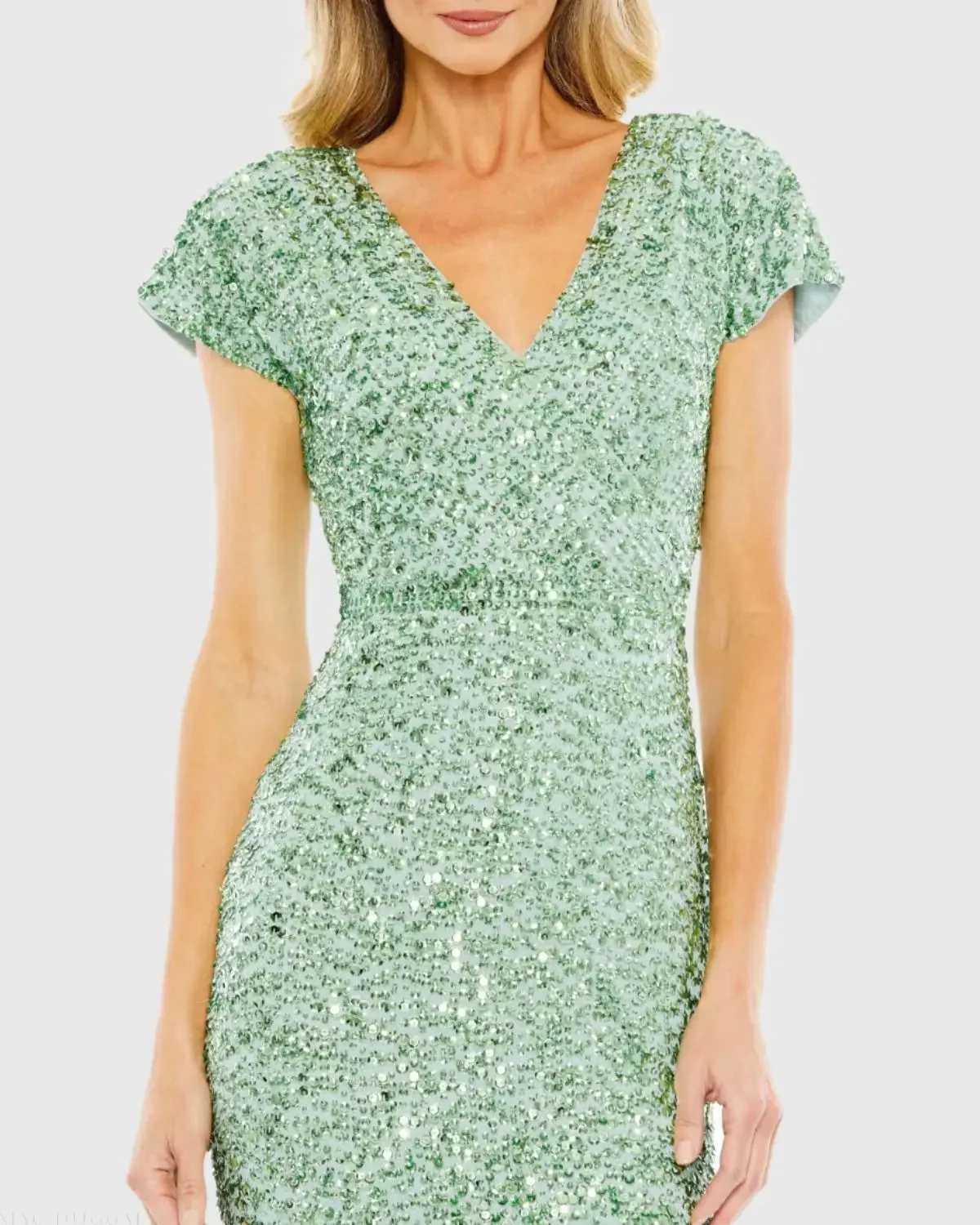 Green Sequined Cap Sleeve Wrap Over Cocktail Dress