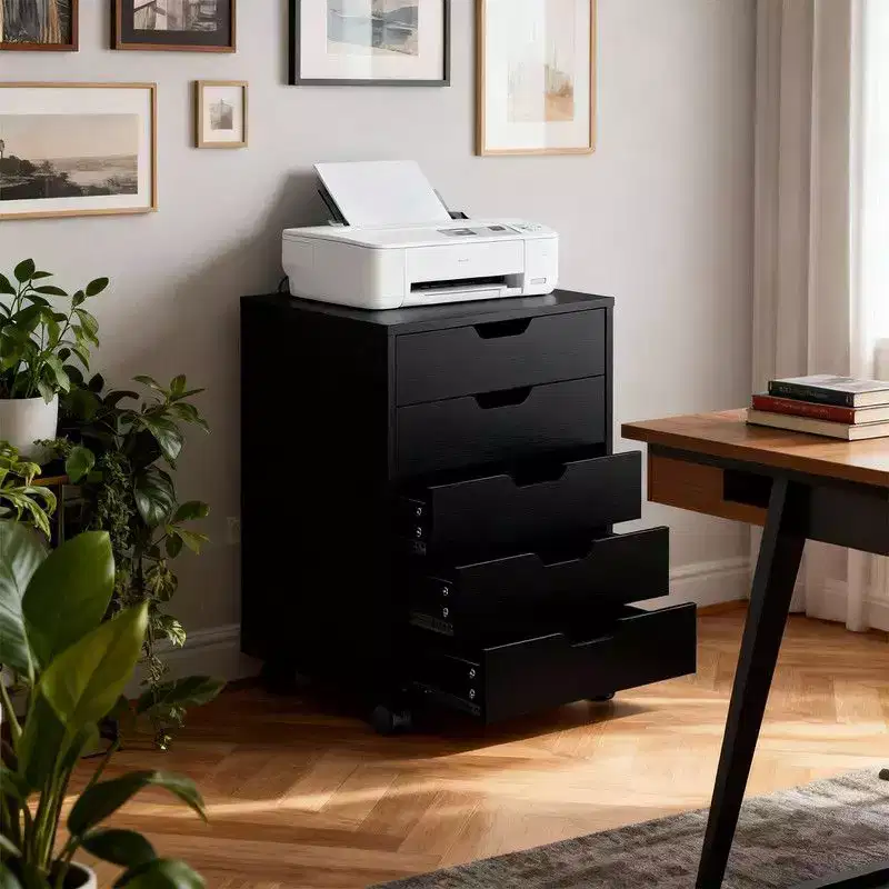 Karl Home5 Drawer Wooden File Cabinet Black Finish Cutout Handle Design