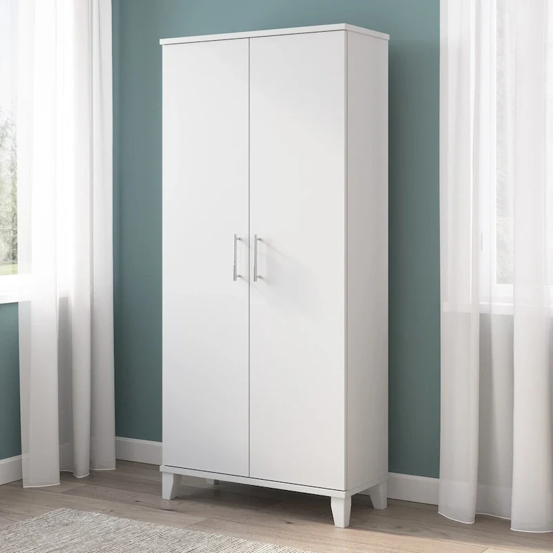 White / Ash Gray Tall 2-Door Storage Cabinet with Adjustable Shelves, 1-Person Assembly