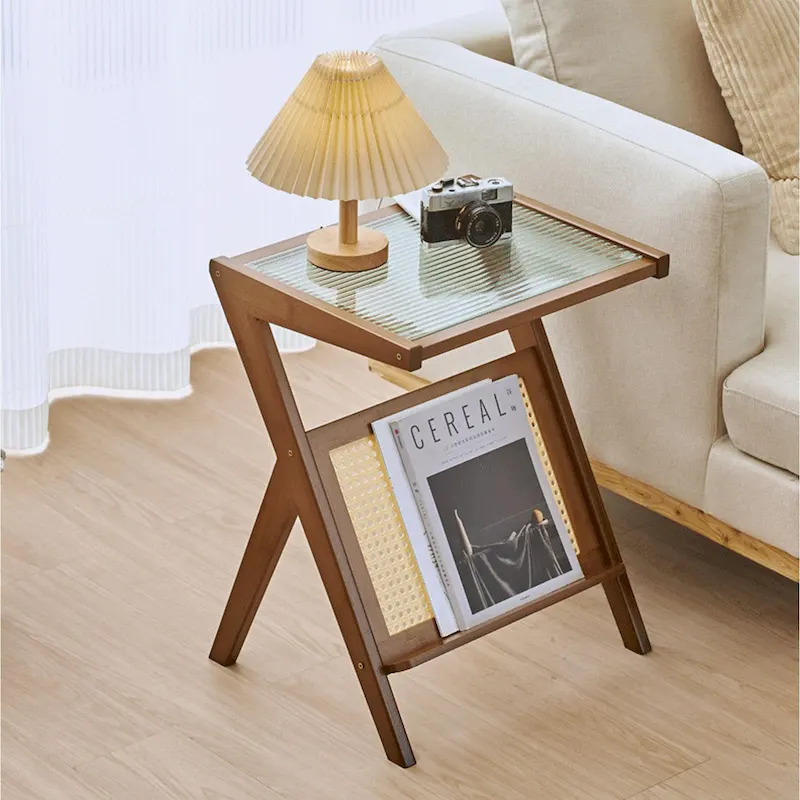 Natural / Brown / Black Bamboo Side Table & Coffee Table with Glass Top & Magazine Rack