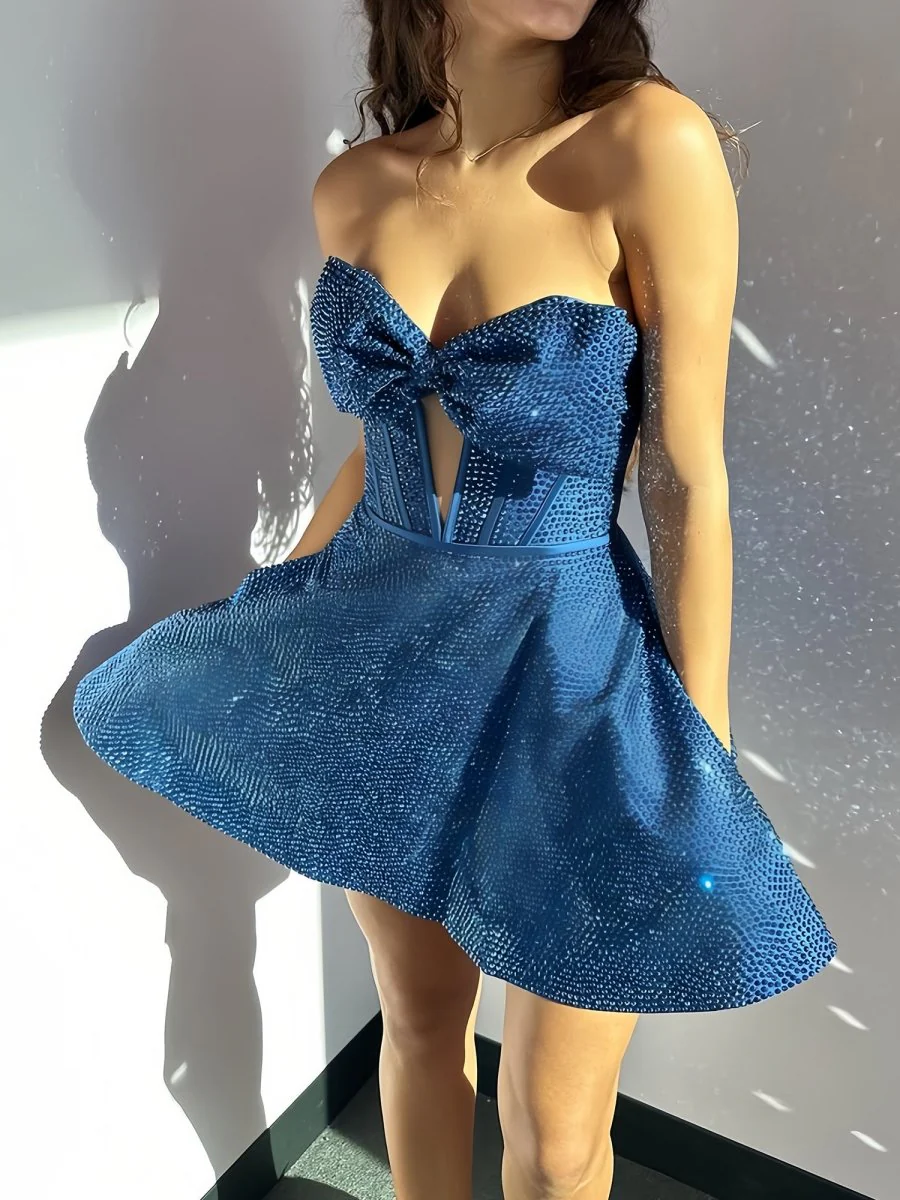Ink Blue - Strapless A Line Beaded Cutout Homecoming Dresses With Bow