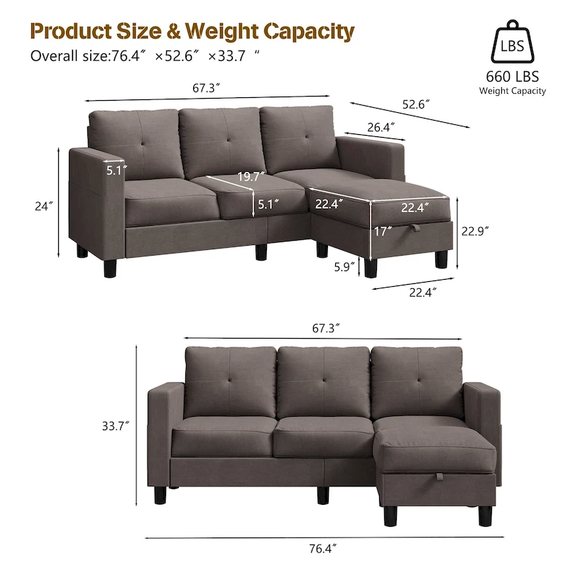 Futzca Modern L-shaped Convertible Sectional Sofa w/ Reversible Chaise