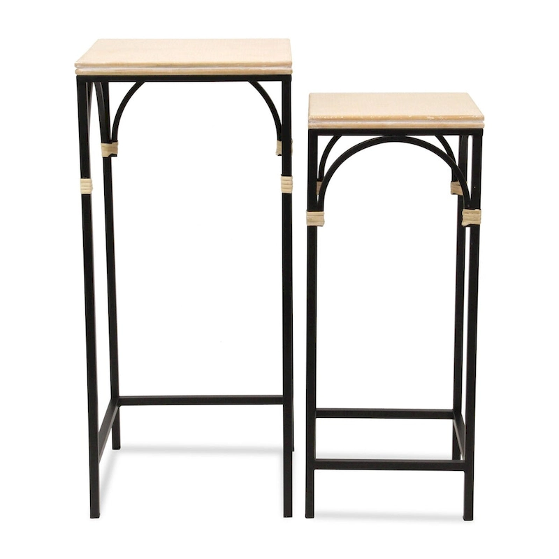 Claudette Set of 2 Rattan Accented Wood & Metal Square Side Tables