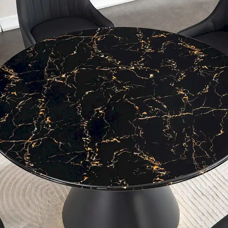 Black Marble Printed MDF Round Dining Table, Black Columnar Base with Gold Annulus(Not Including Chairs)
