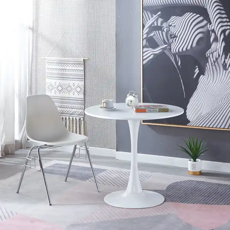 White/Black Round Pedestal Dining Table, Mid-Century Style, Seats 2–4