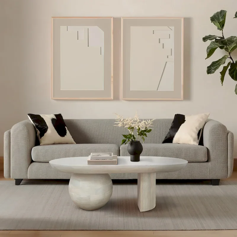 38 Inch Coffee Table, Oblong Mango Wood Top with a Modern Ball Leg