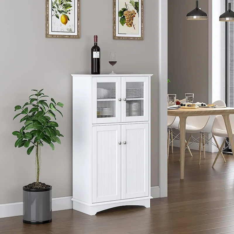 Floor Storage Cabinet with Glass Doors and Adjustable Shelves, White