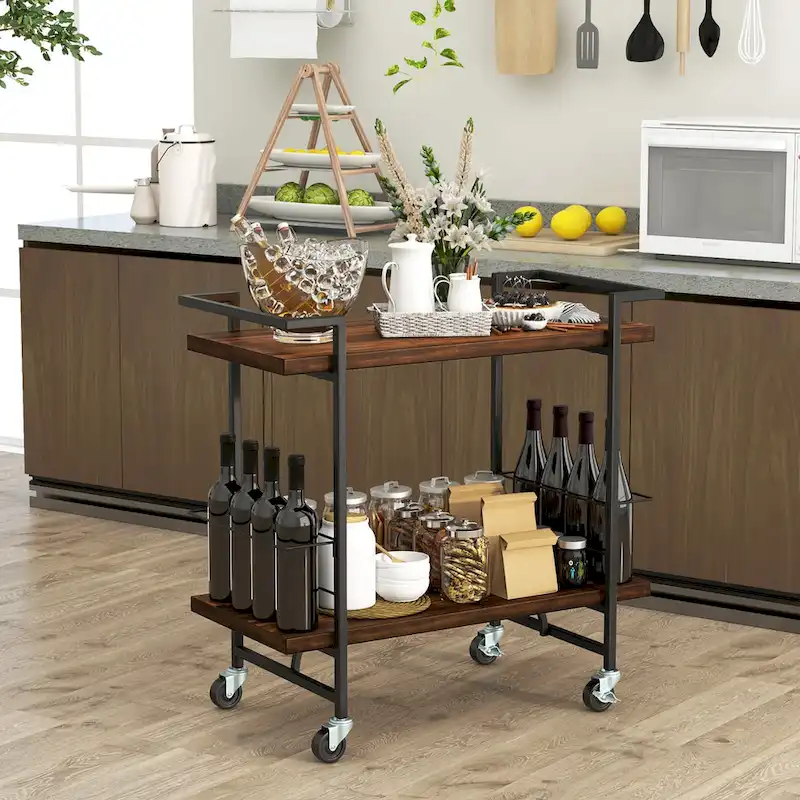 Home Bar Cart 2-tier Home Bar Cart w/ Lockable Wheels &
