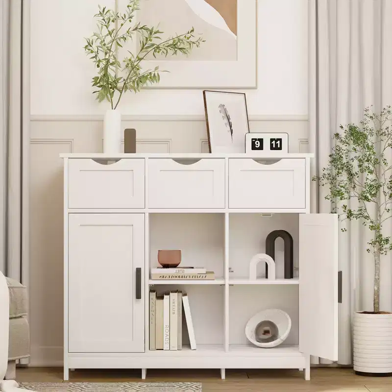 JVNOXK Floor-standing wooden storage cabinet with drawers and shelves, living room, bedroom, and bathroom furniture accent cabinet, white