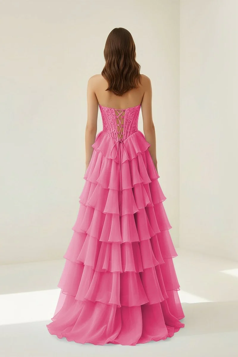 Hot Pink - Strapless A Line Chiffon Ruffled Prom Dresses With Appliques